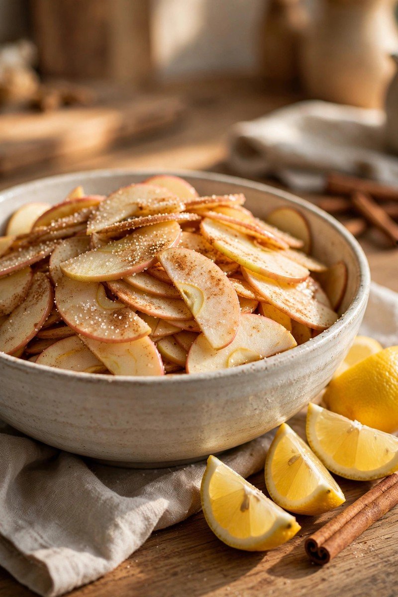 Sliced apples tossed with sugar and cinnamon in a large bowl
