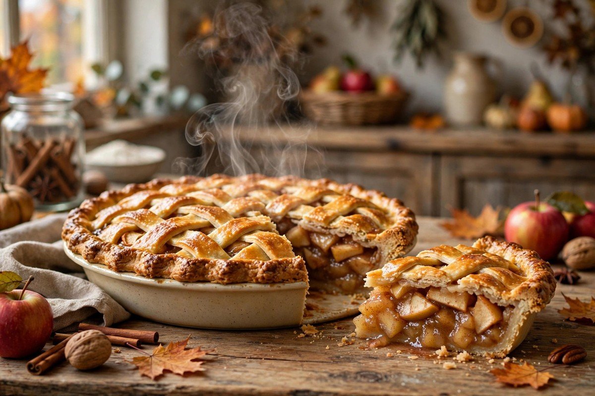 Classic apple pie with a golden lattice crust on a rustic wooden table