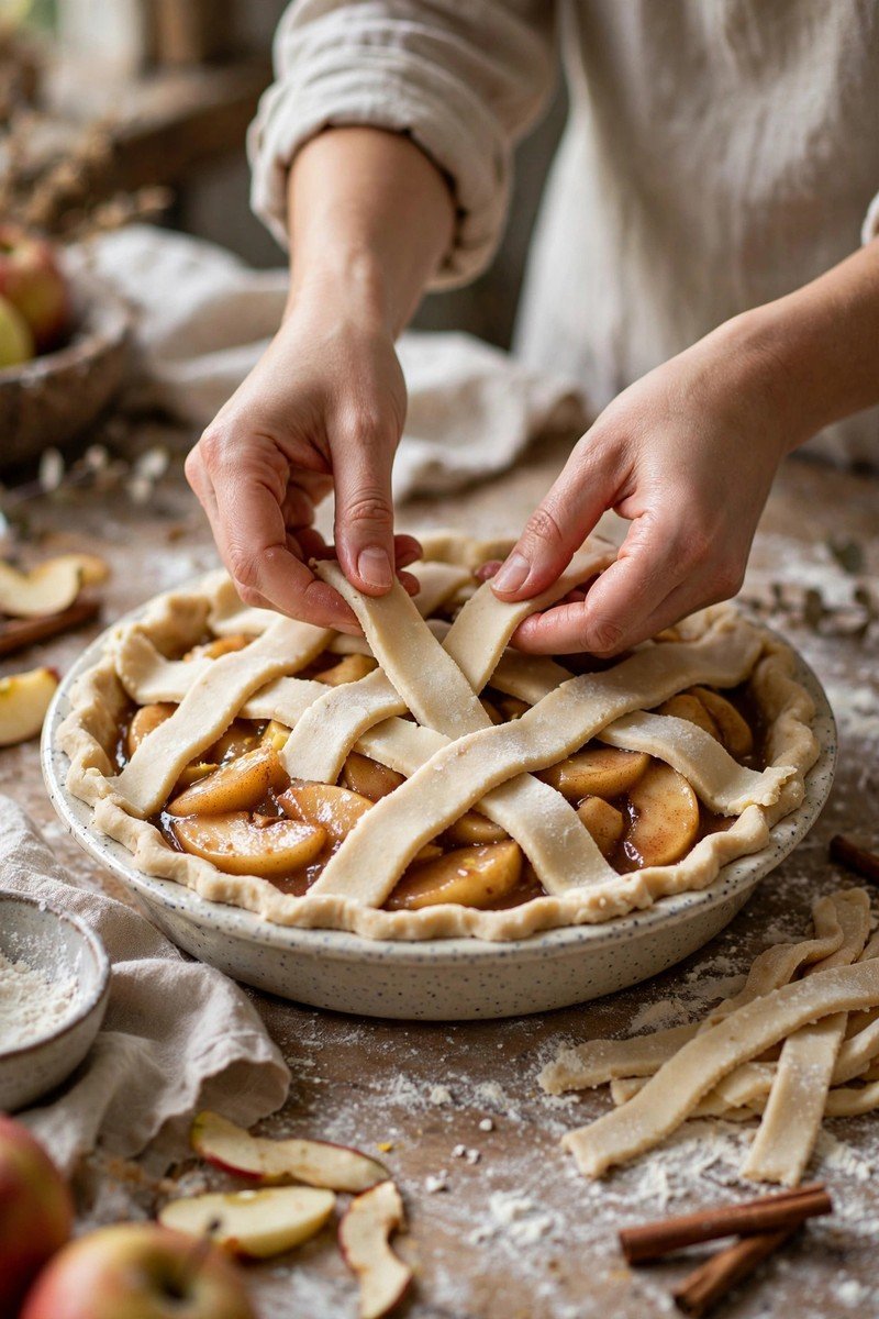 Hands weaving a lattice top crust over apple pie filling