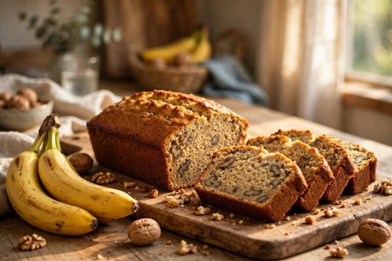 Golden banana bread loaf with thick moist slices on a wooden cutting board, ripe bananas beside