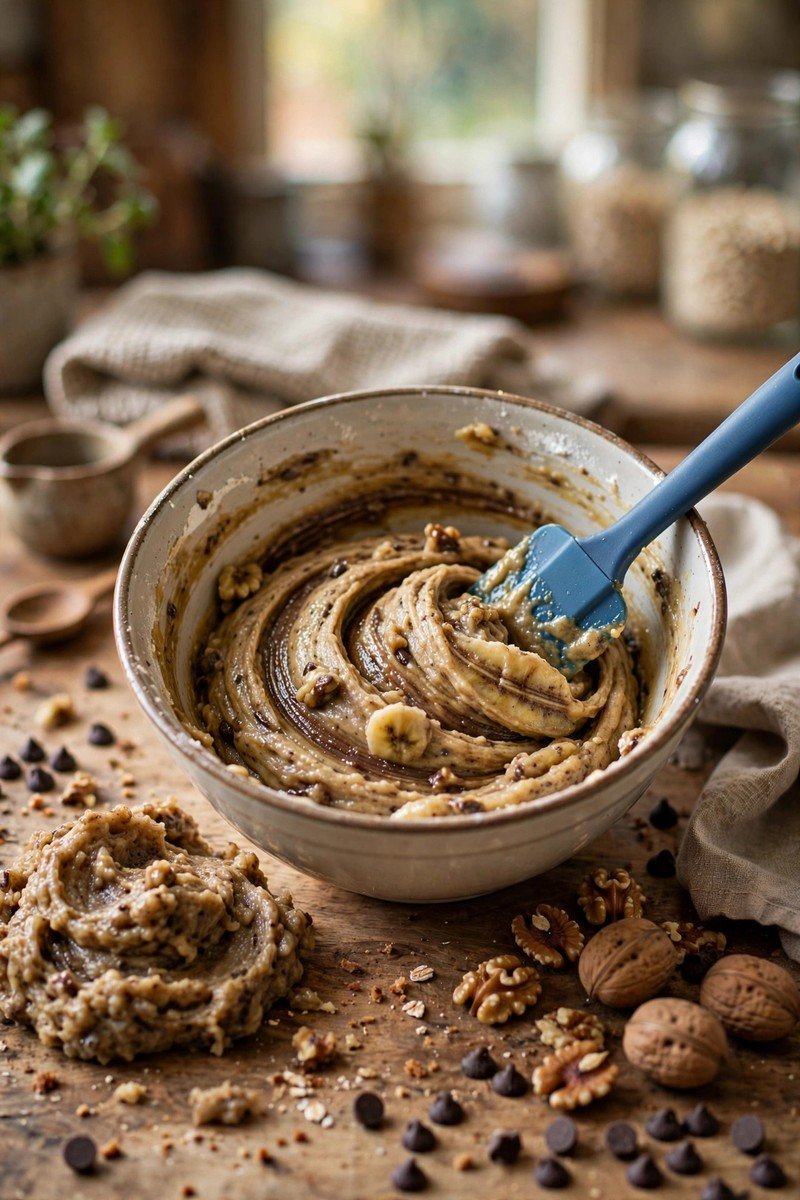 Banana bread batter being folded in a bowl with mashed bananas, walnuts and chocolate chips nearby