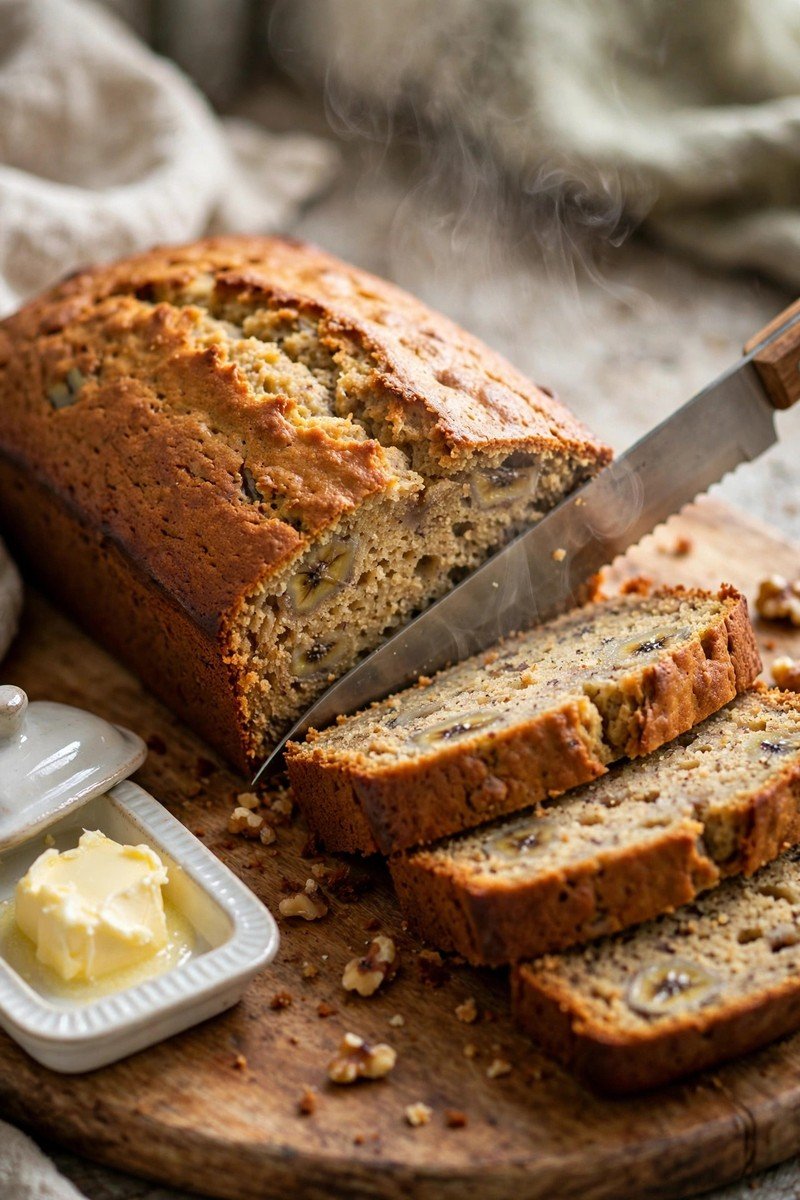 Banana bread loaf being sliced with a serrated knife, thick slices fanned out