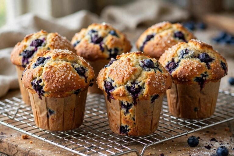 Tall bakery-style blueberry muffins with golden tops on a cooling rack