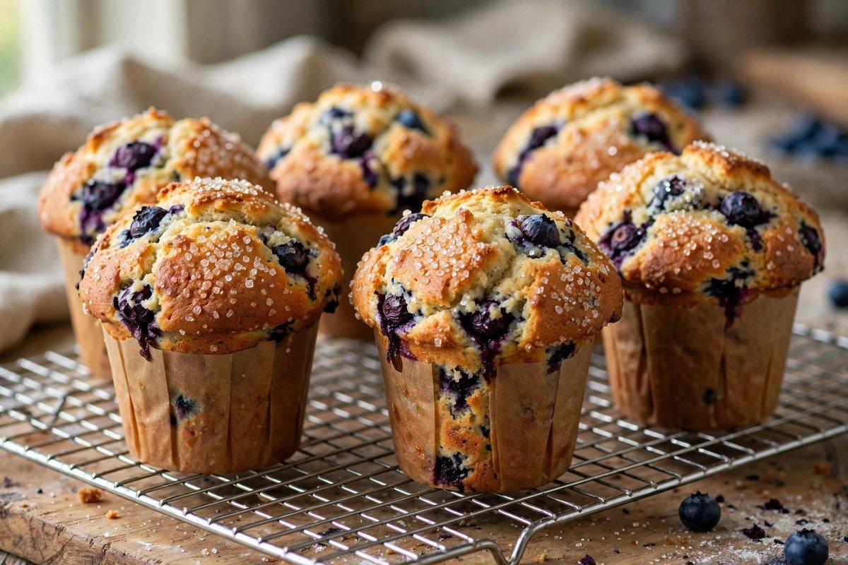 Tall bakery-style blueberry muffins with golden tops on a cooling rack