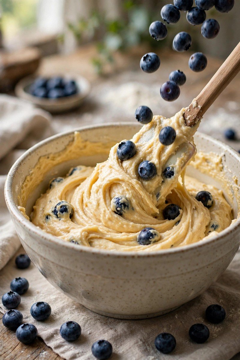 Fresh blueberries being folded into muffin batter
