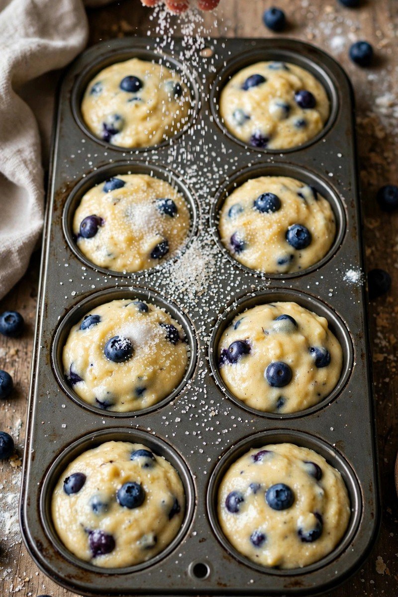 Muffin tin of blueberry batter being sprinkled with coarse sugar