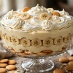 Old-fashioned banana pudding layered in a glass trifle dish with whipped cream