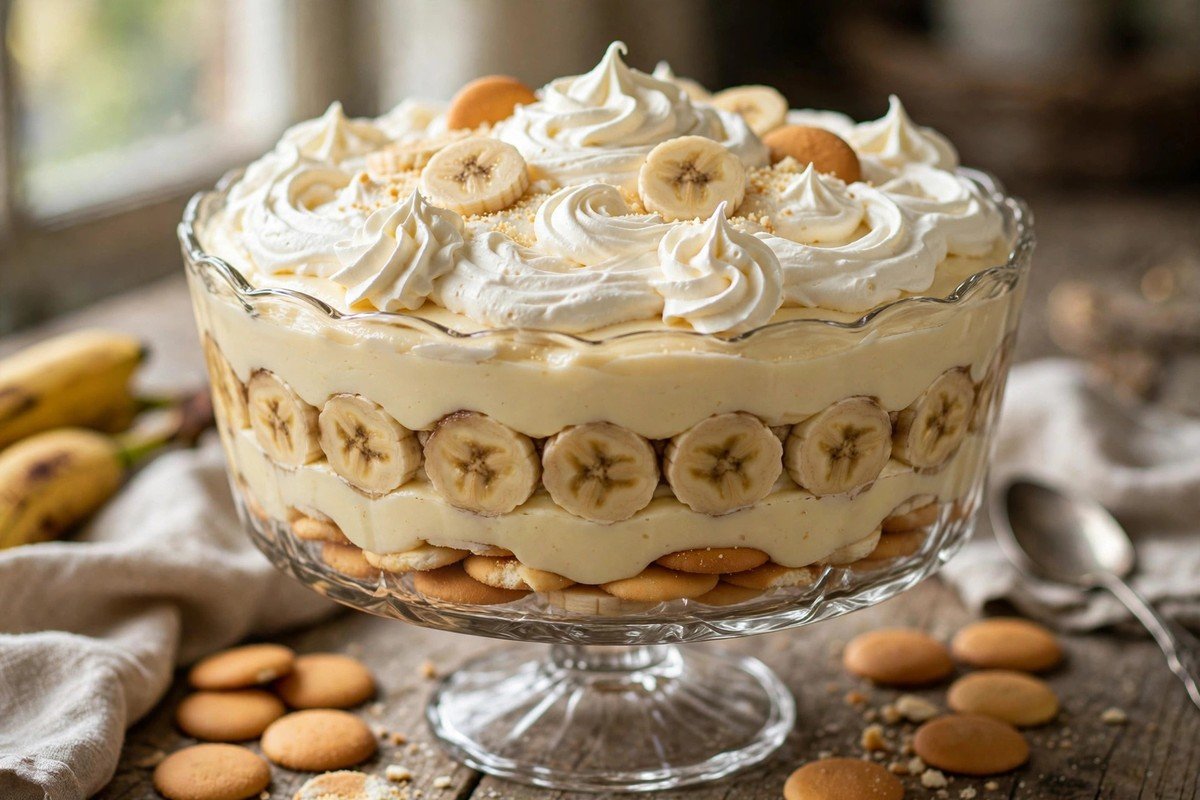 Old-fashioned banana pudding layered in a glass trifle dish with whipped cream