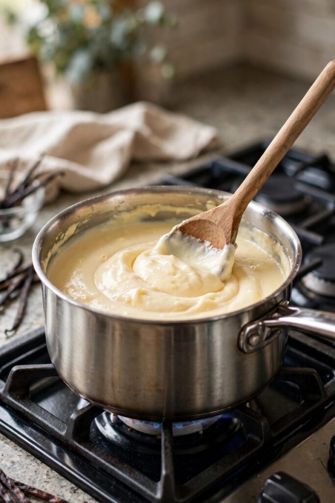 Creamy vanilla pudding being stirred in a saucepan