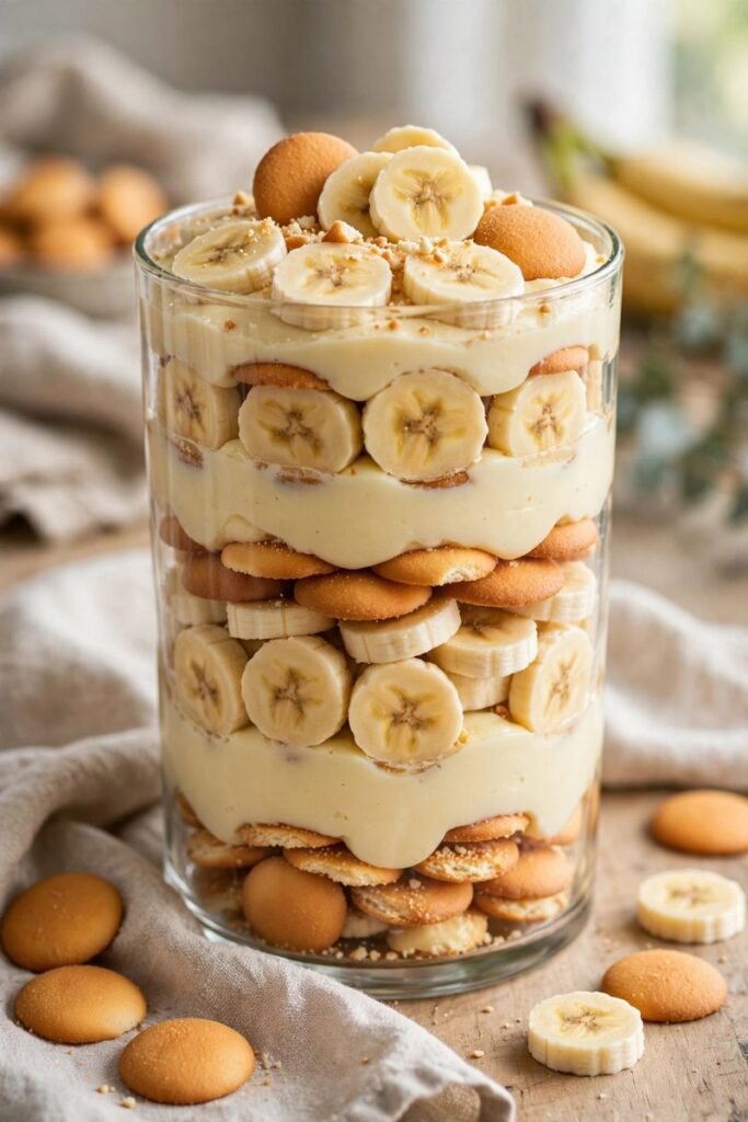 Layering vanilla wafers, banana slices and pudding in a glass dish