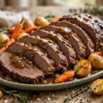 Sliced slow-cooked beef pot roast with gravy, carrots and potatoes on a platter