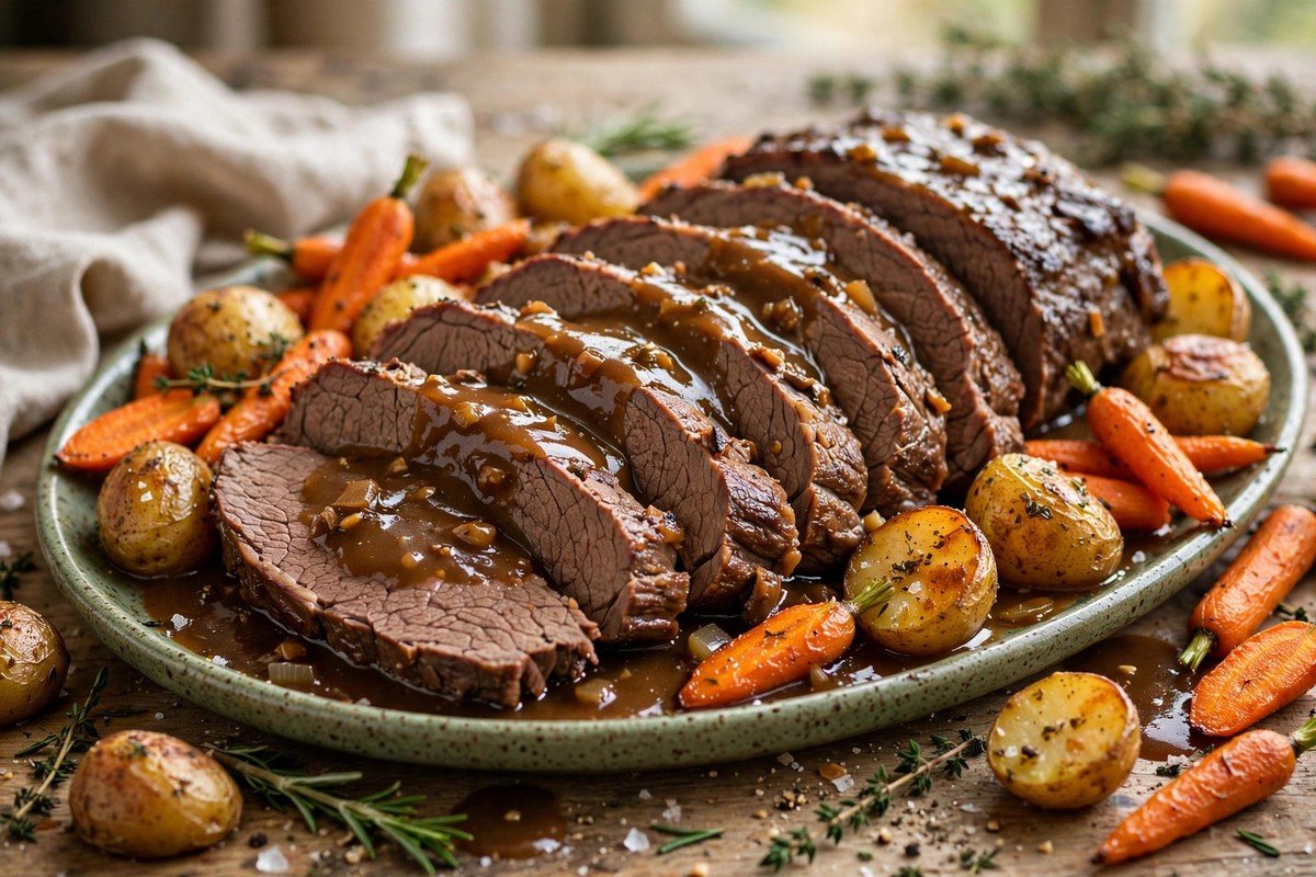 Sliced slow-cooked beef pot roast with gravy, carrots and potatoes on a platter