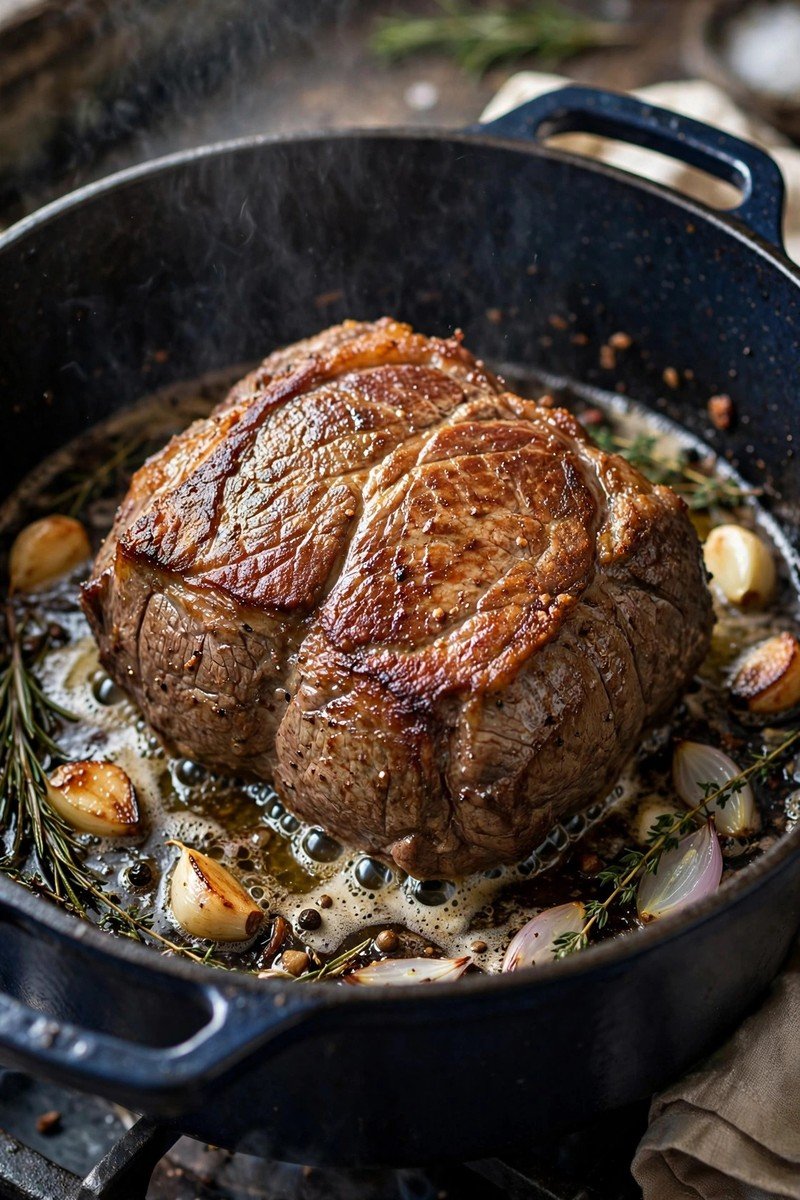 Beef chuck roast searing with a golden brown crust in a Dutch oven