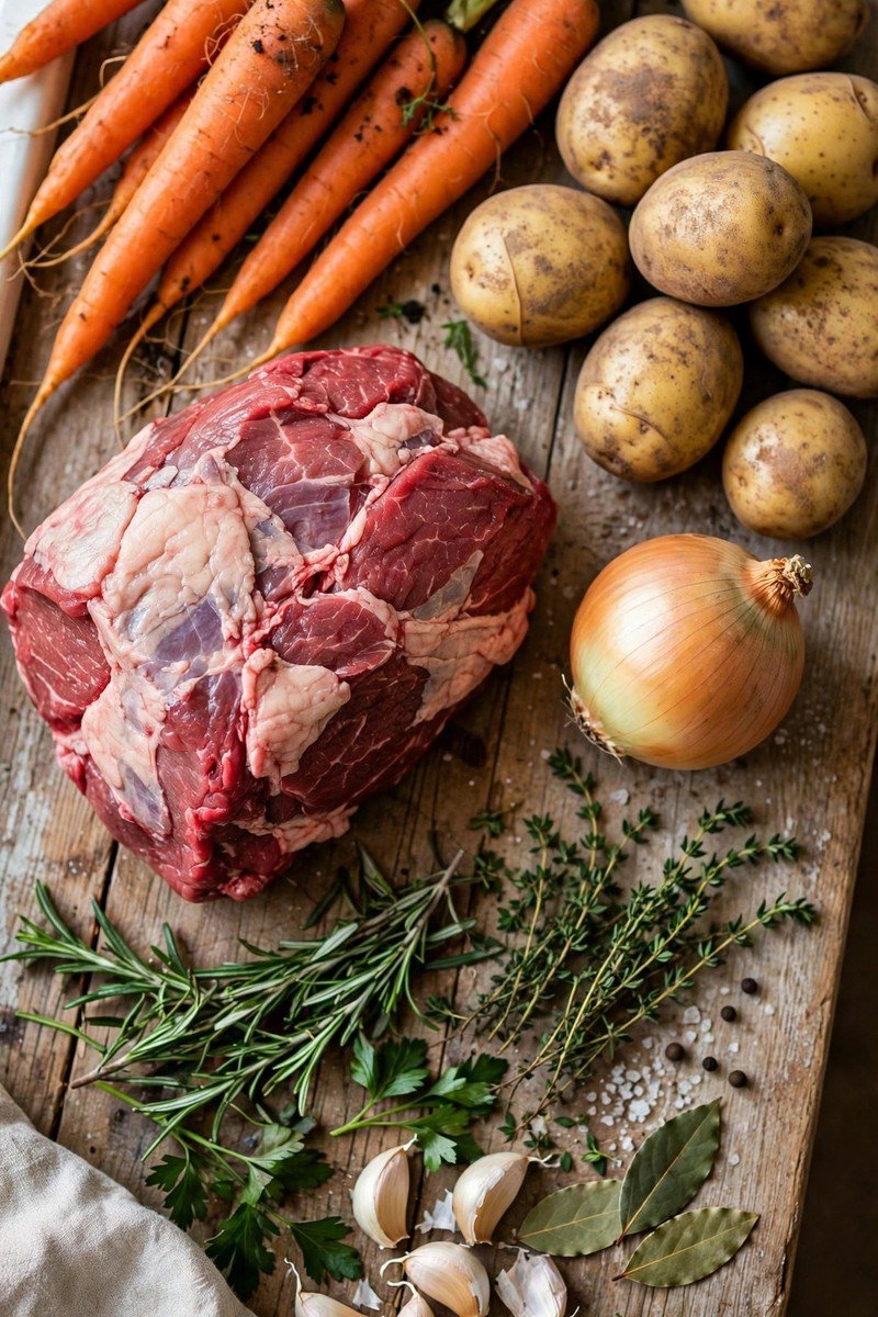 Raw ingredients for beef pot roast: chuck roast, carrots, potatoes, onion and herbs