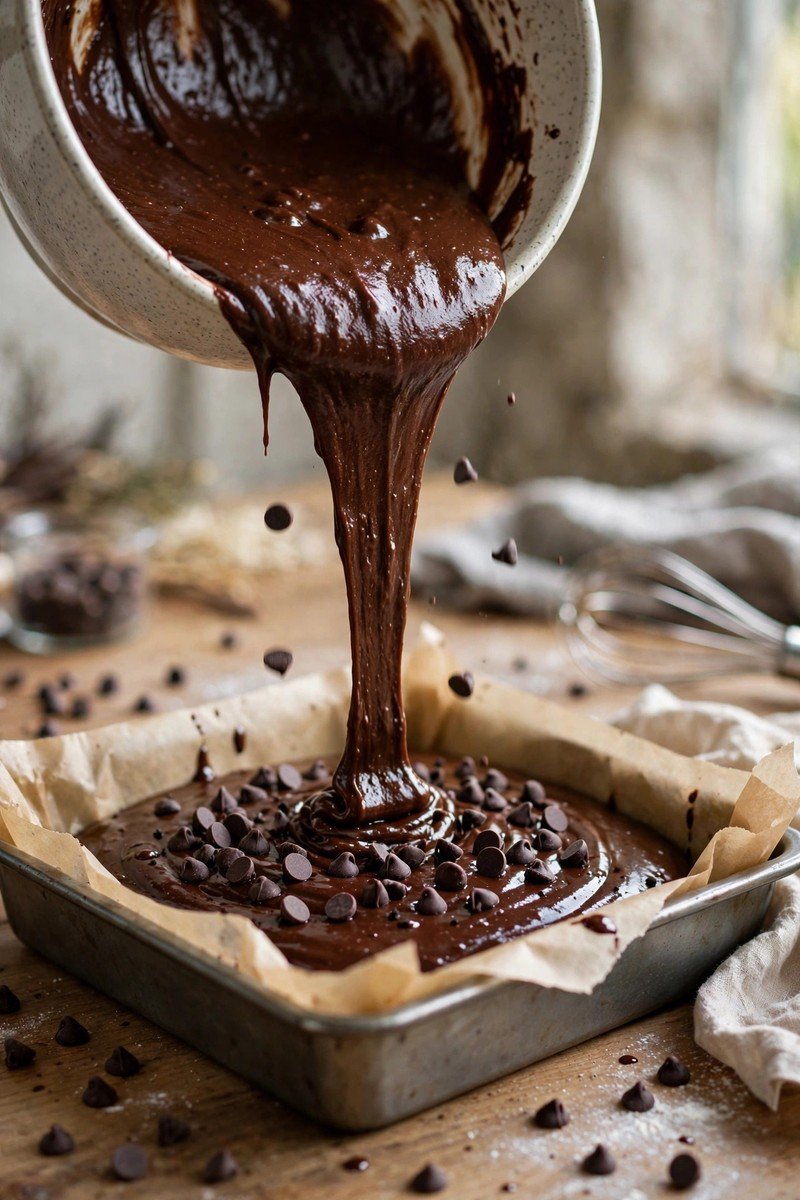 Thick glossy chocolate brownie batter being poured into a parchment-lined baking pan
