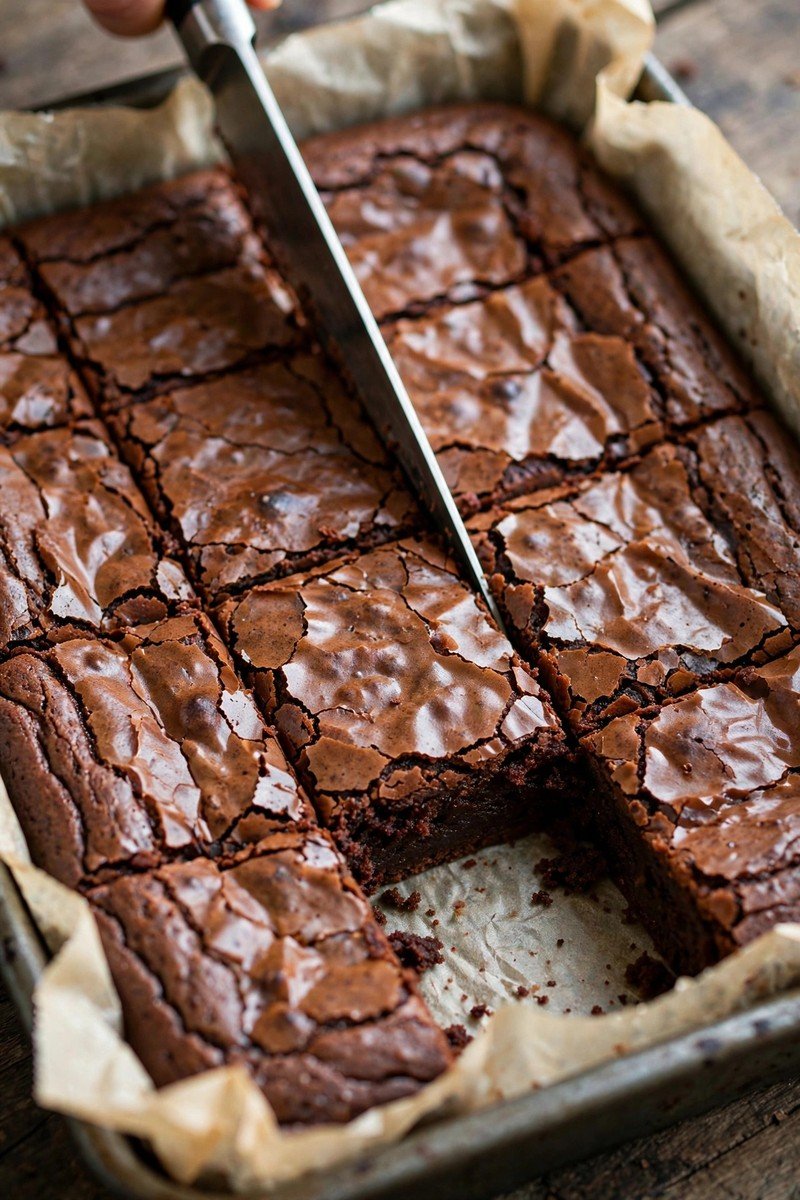 Freshly baked fudgy brownies being cut into clean squares