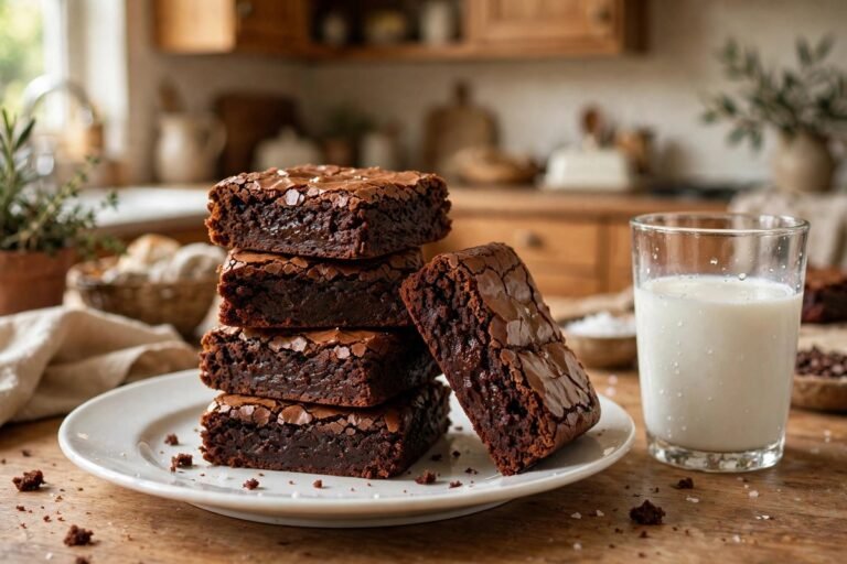 Stack of fudgy brownies with a crackly shiny top, one leaning showing a dense moist interior