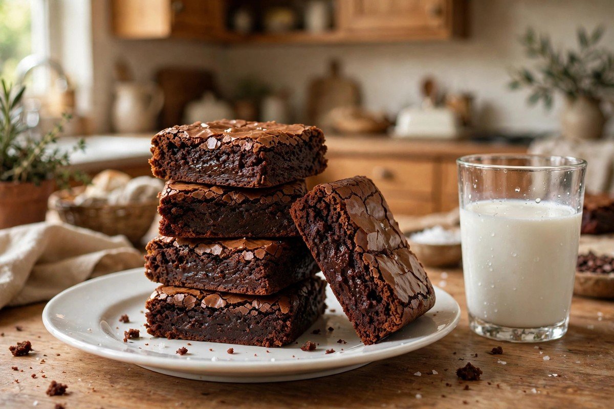 Stack of fudgy brownies with a crackly shiny top, one leaning showing a dense moist interior