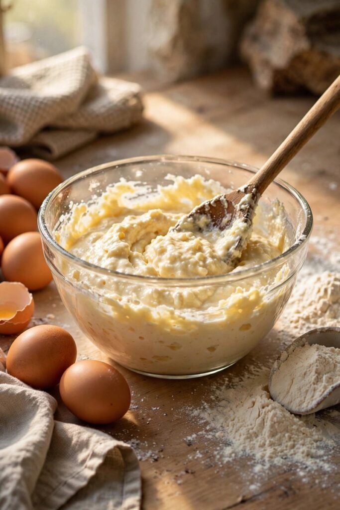 Thick buttermilk waffle batter in a glass mixing bowl with a wooden spoon
