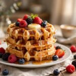 Stack of crispy golden buttermilk waffles with melting butter, maple syrup and fresh berries on top