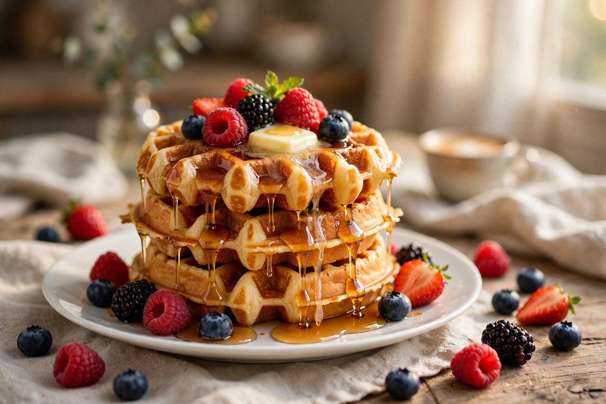 Stack of crispy golden buttermilk waffles with melting butter, maple syrup and fresh berries on top