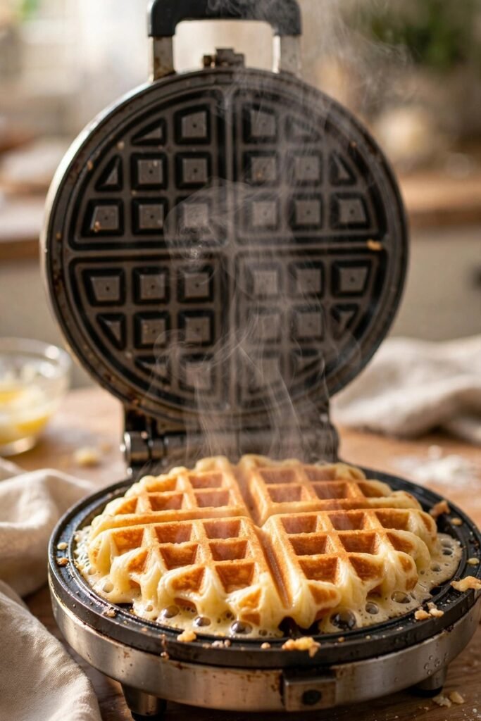 Golden waffle cooking inside an open waffle iron with light steam rising