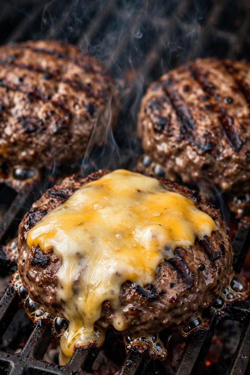 Beef burger patties sizzling on a hot grill with char marks and melting cheese