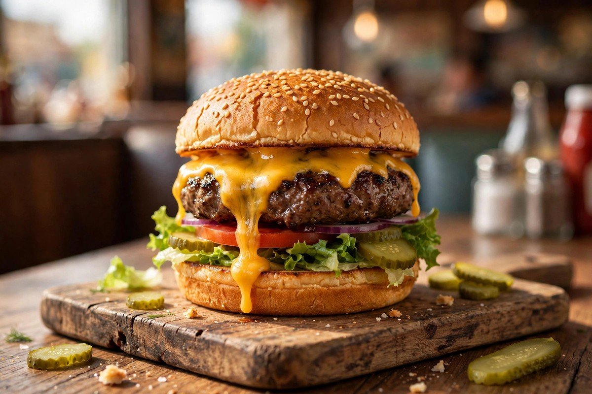 Classic all-American cheeseburger with melted cheddar, lettuce, tomato, onion and pickles on a toasted sesame bun