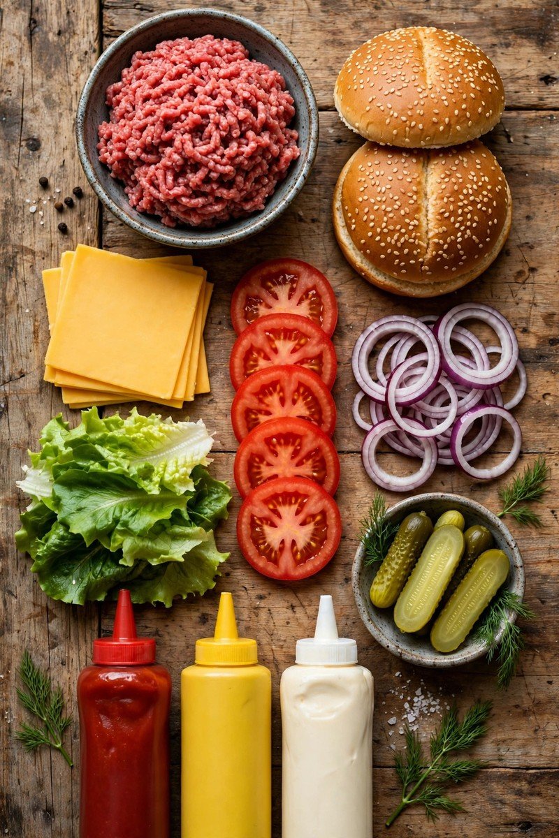 Cheeseburger ingredients on a kitchen counter: ground beef, buns, cheddar slices, lettuce, tomato, onion, pickles and condiments