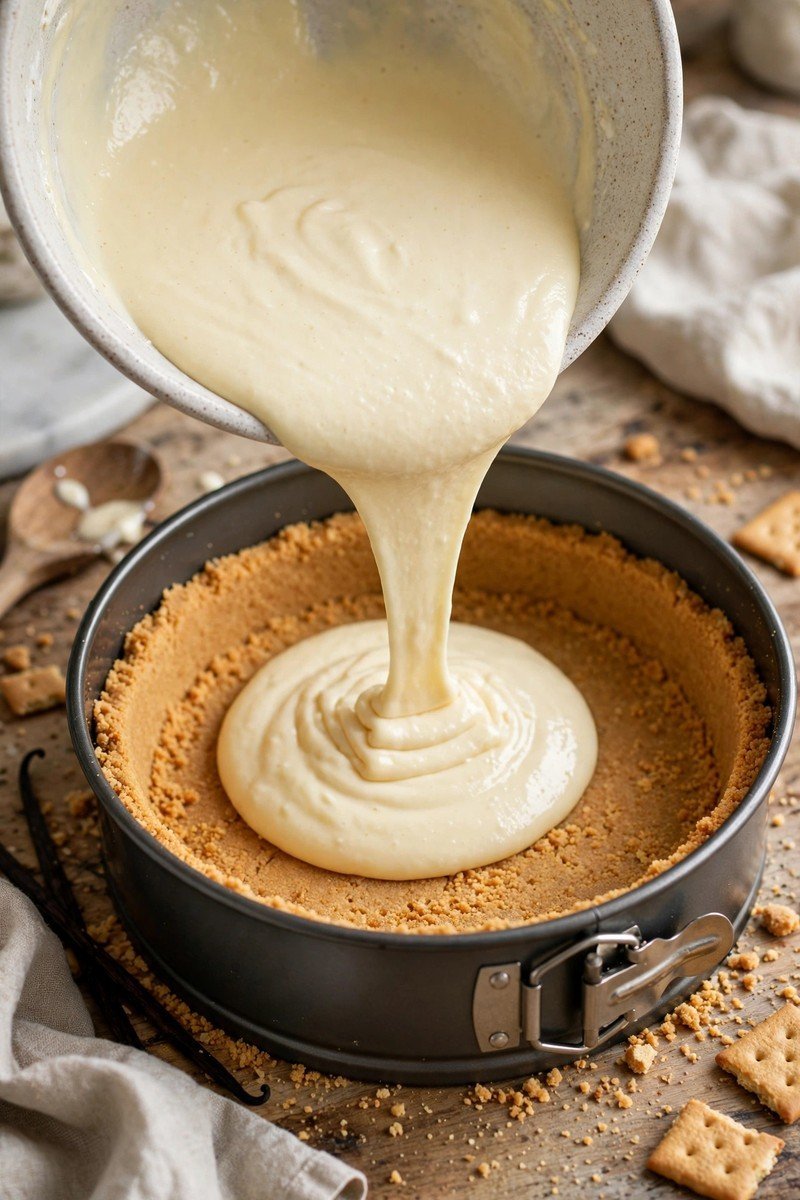 Smooth cheesecake batter being poured into a graham cracker crust in a springform pan