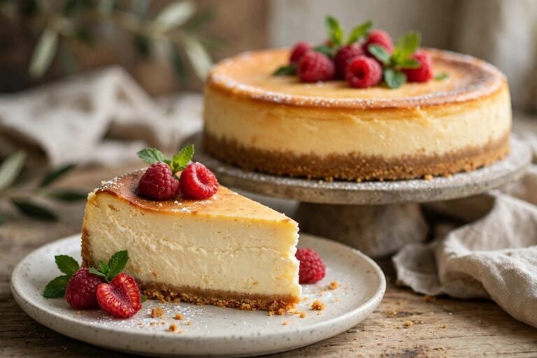 Tall creamy New York cheesecake slice on a plate with graham cracker crust