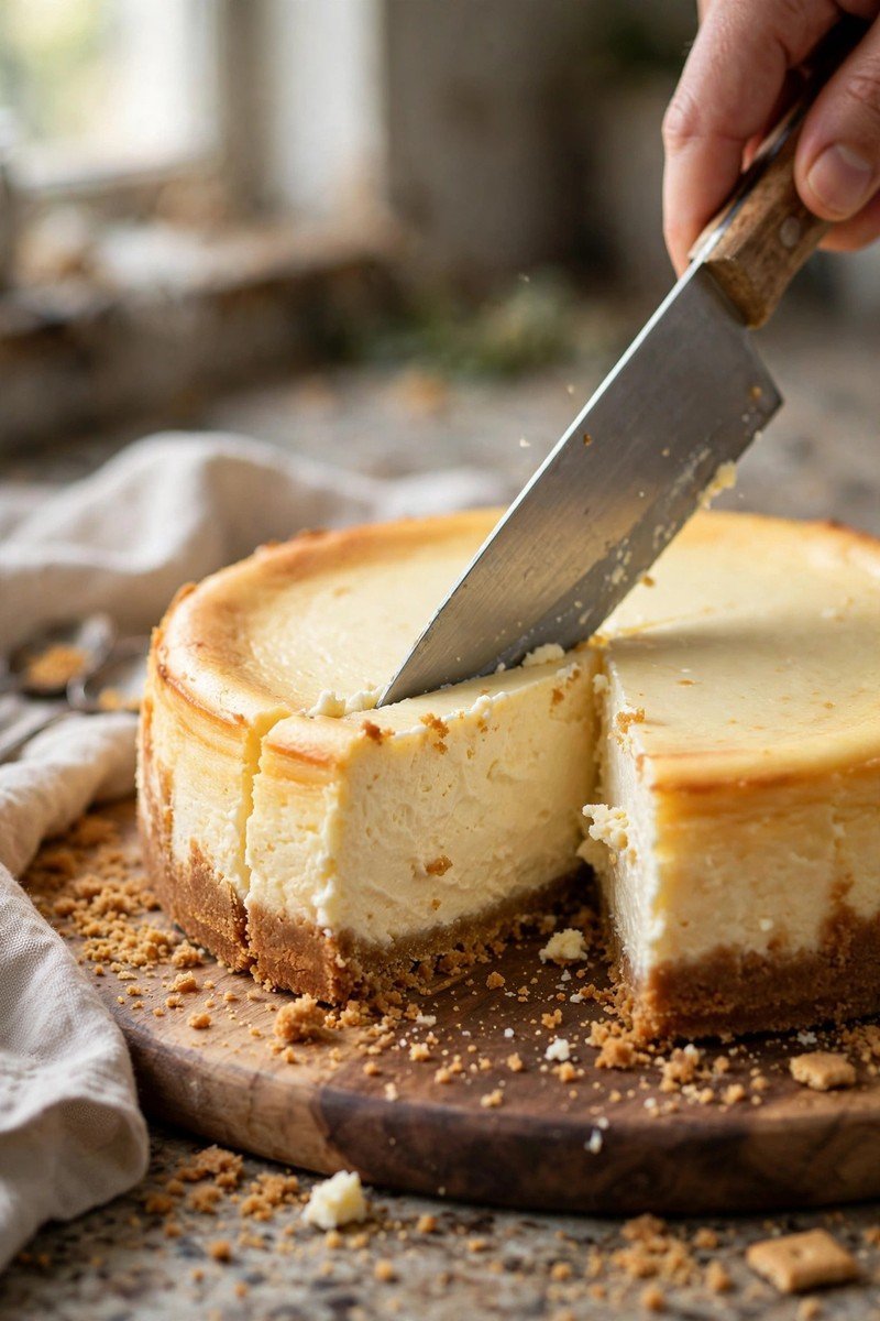 Chilled New York cheesecake being sliced with a warm knife, clean creamy slices