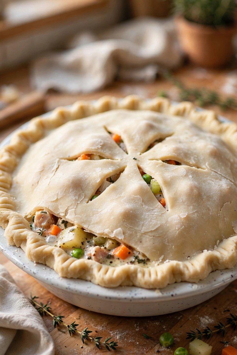 Unbaked chicken pot pie with a flaky top crust, crimped edges and steam vents cut in the center