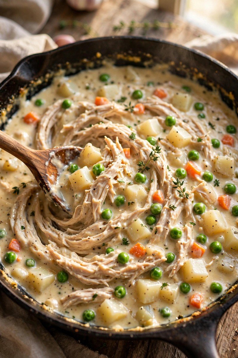 Creamy chicken pot pie filling with shredded chicken, peas, carrots and potatoes being stirred in a skillet