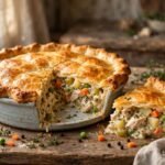 Golden homemade chicken pot pie with a flaky top crust, one slice cut to show creamy chicken and vegetable filling