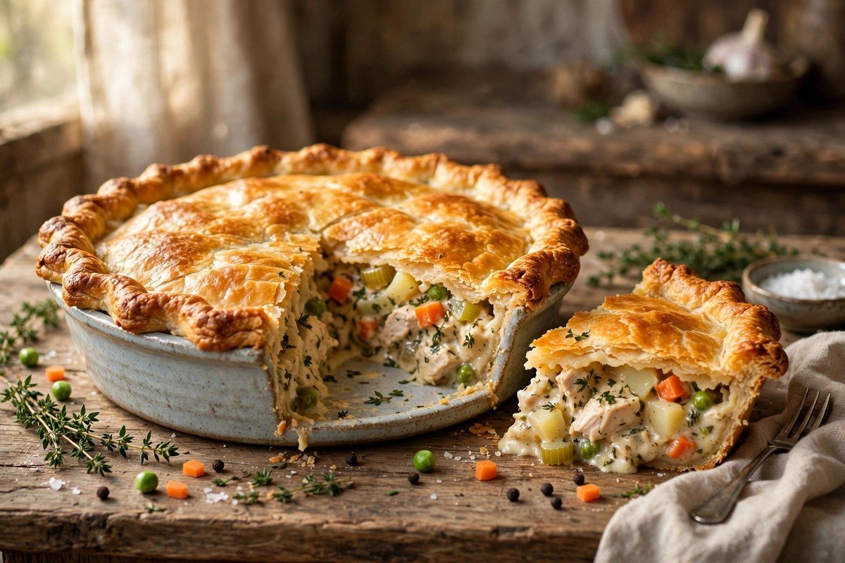Golden homemade chicken pot pie with a flaky top crust, one slice cut to show creamy chicken and vegetable filling