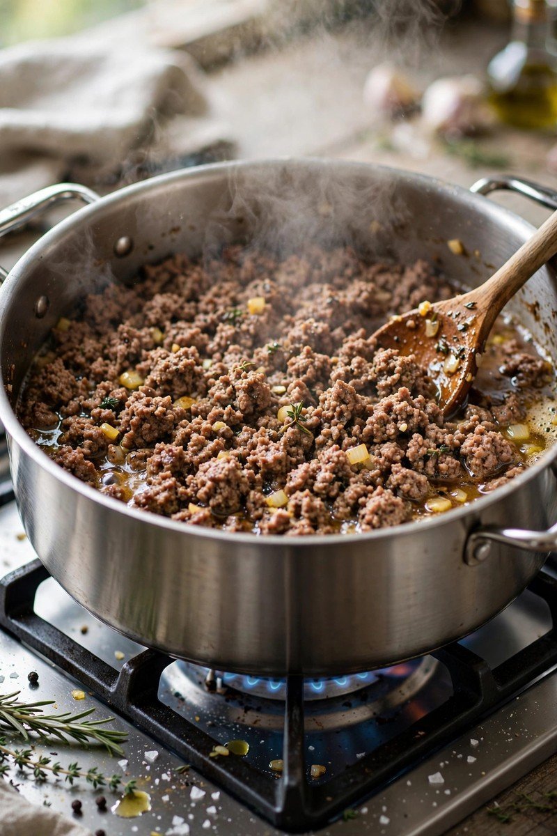 Ground beef browning in a large Dutch oven pot