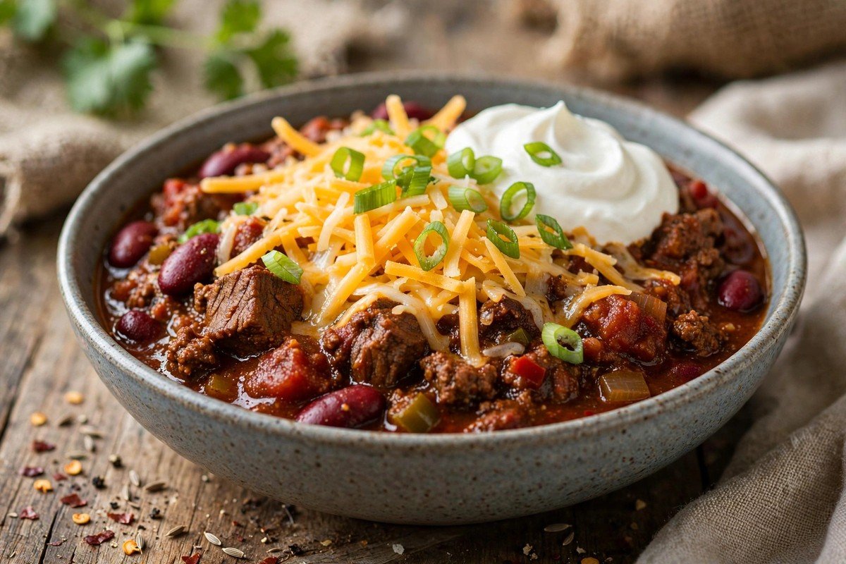 Bowl of hearty beef chili topped with shredded cheddar, sour cream and green onions