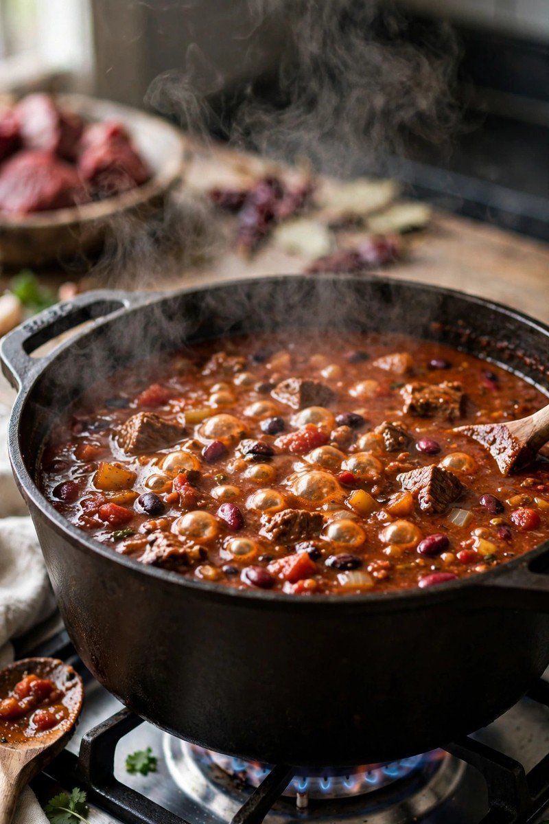 Beef chili simmering low and slow in a pot, thick and bubbling