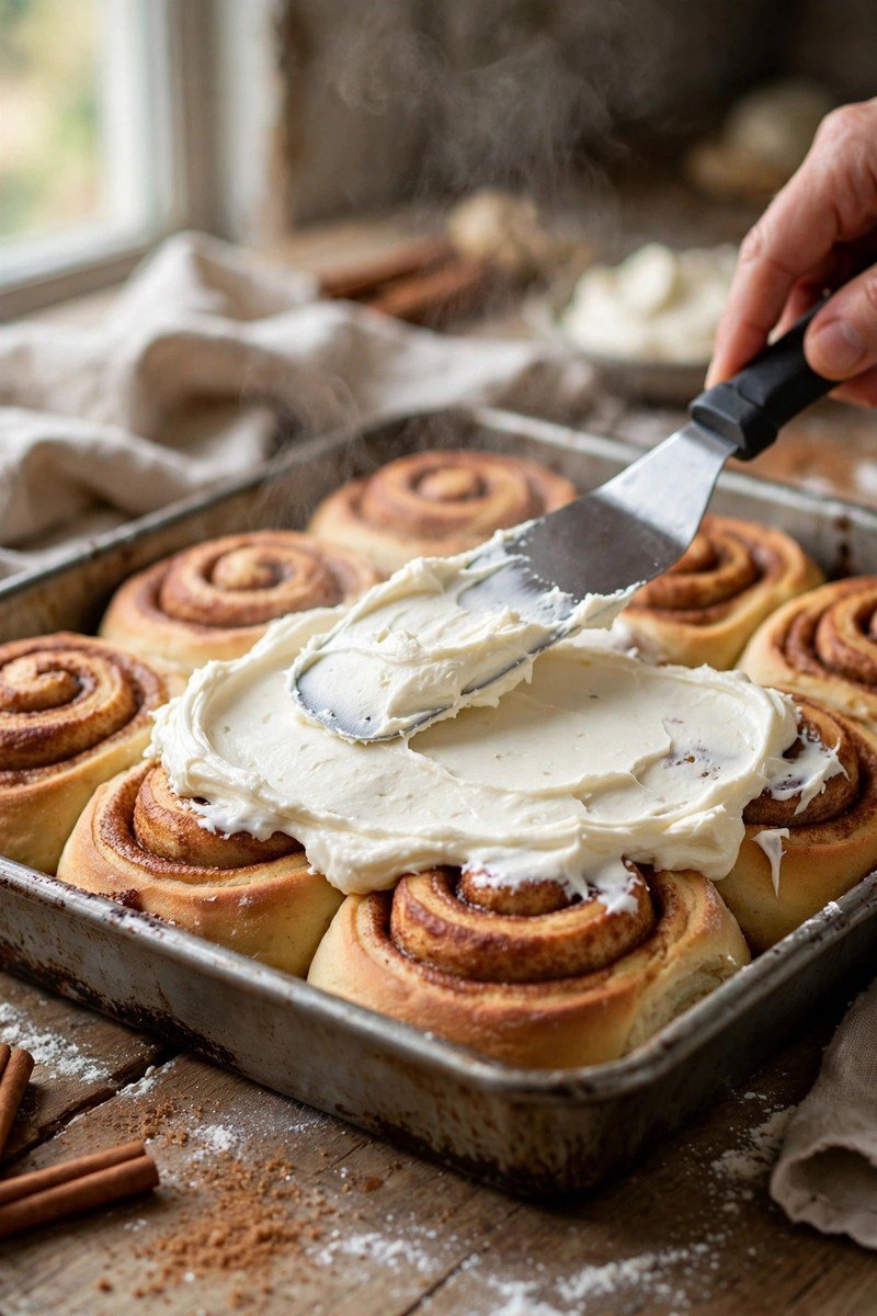 Cream cheese frosting being spread over warm baked cinnamon rolls