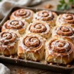 Pan of warm cinnamon rolls with melted cream cheese frosting