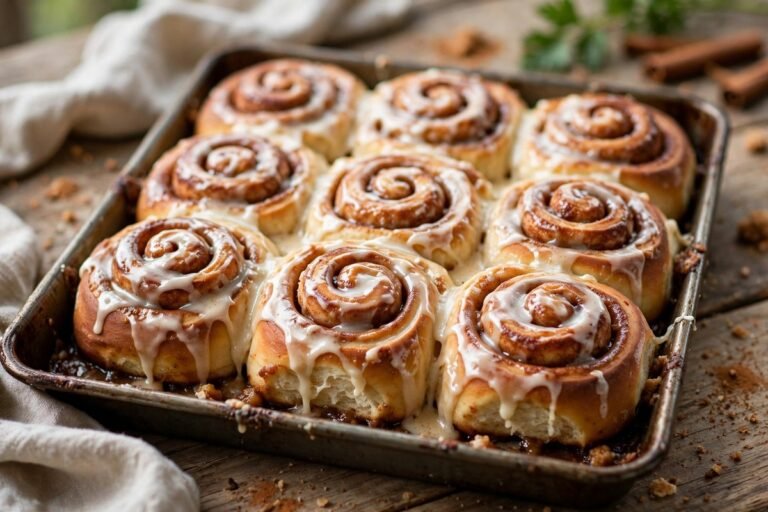 Pan of warm cinnamon rolls with melted cream cheese frosting