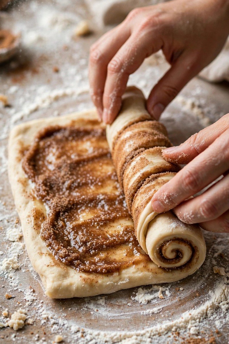 Hands rolling up cinnamon roll dough spread with butter and cinnamon sugar