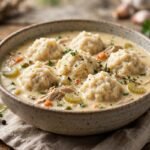 Bowl of creamy chicken and dumplings with fluffy dumplings on top
