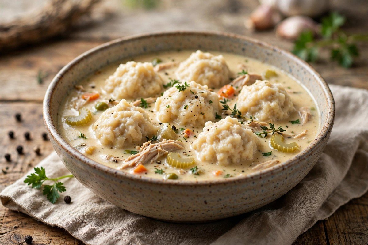 Bowl of creamy chicken and dumplings with fluffy dumplings on top