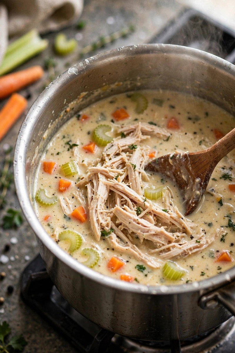 Shredded chicken being stirred into creamy vegetable soup