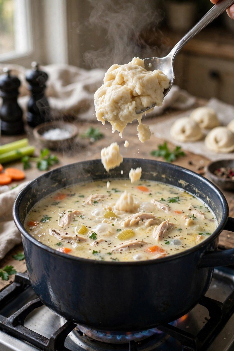 Spoon dropping soft dumpling dough into simmering chicken soup