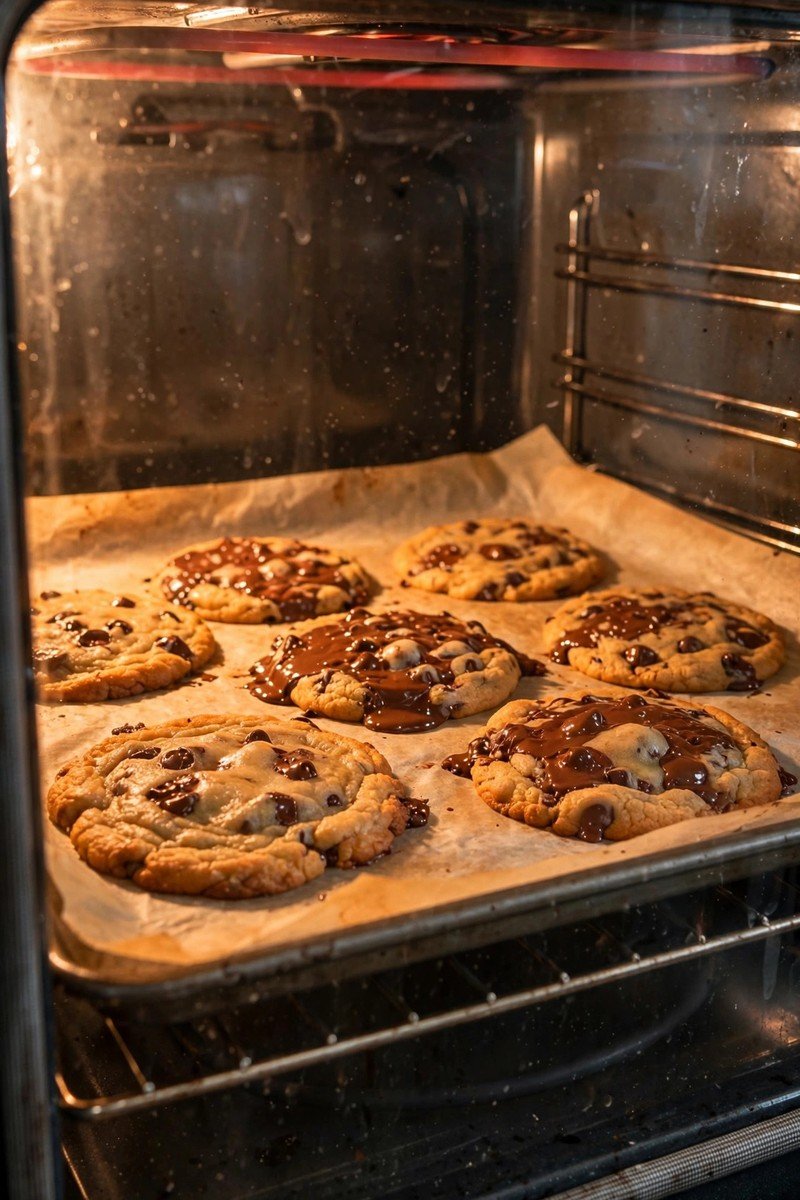 Chocolate chip cookies baking in the oven, turning golden at the edges