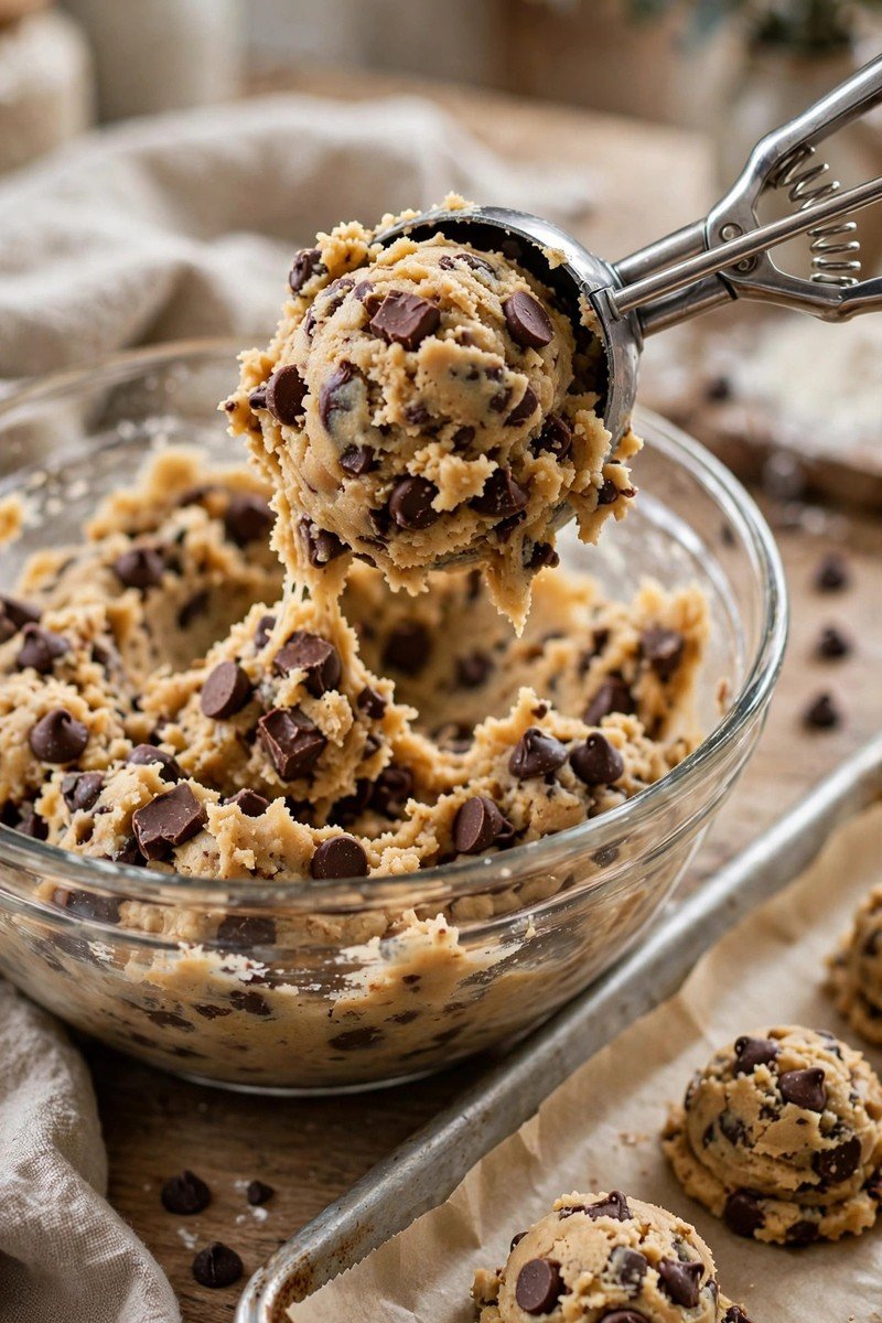 Chocolate chip cookie dough being scooped from a mixing bowl