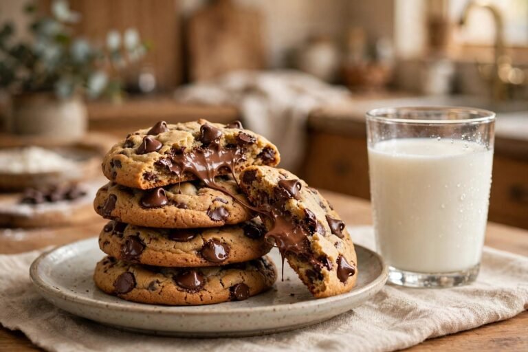 Stack of chocolate chip cookies with melted chocolate chips, one broken open showing a soft center, glass of milk beside